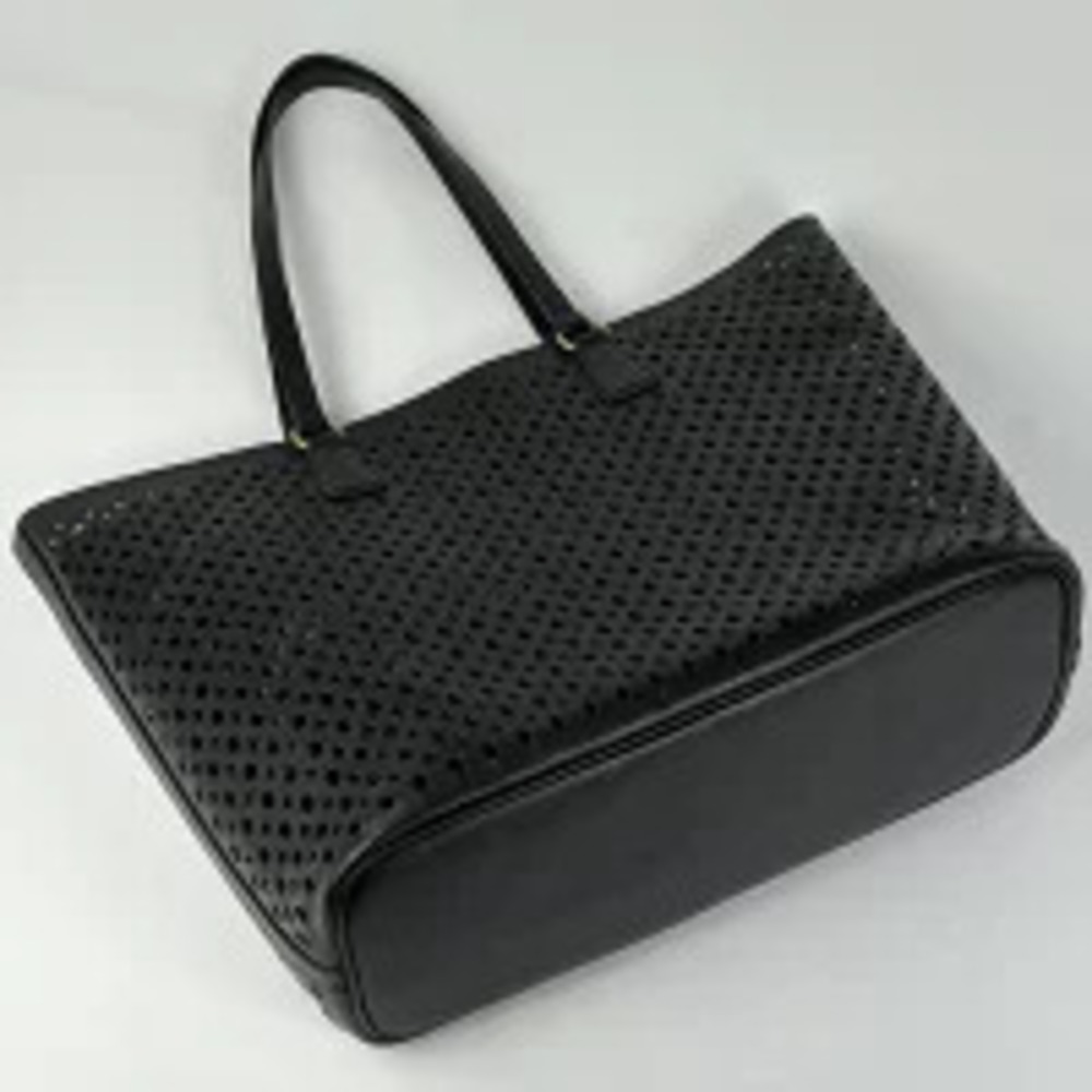 Prada Leather Plate Perforated Handbag Bag Black Tote Nero